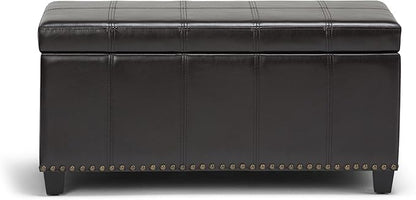 SIMPLIHOME Amelia 33 inch Wide Transitional Rectangle Storage Ottoman Bench in Tanners Brown Vegan Faux Leather, Assembled, For the Living Room, Entryway and Family Room