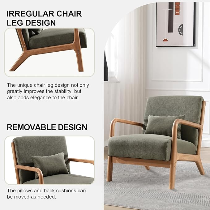Accent Chair Mid Century Modern Chair Linen Fabric Living Room Chairs with Solid Wood Frame Comfy Upholstered and Lumbar Pillow Reading Side Chair Easy Assembly for Bedroom Room (2, Linen Green)
