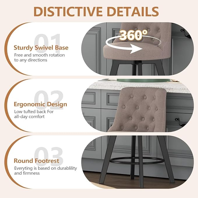 MINCETA Set of 2 Upholstered Bar Stools - 26 Inch Swivel Counter Height Stools with Low Tufted Back, Footrest & Performance Fabric - Round Seat for Kitchen Island & Home Bar Taupe