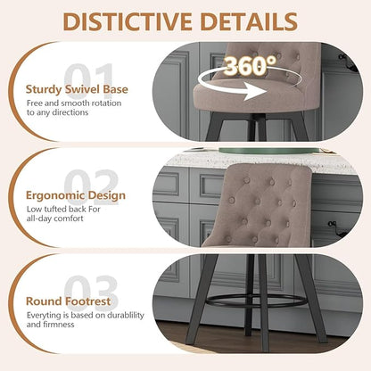 MINCETA Set of 2 Upholstered Bar Stools - 26 Inch Swivel Counter Height Stools with Low Tufted Back, Footrest & Performance Fabric - Round Seat for Kitchen Island & Home Bar Taupe