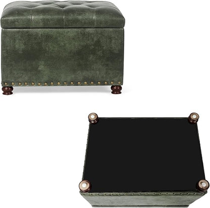 24'' Leather Ottoman with Storage Rectangle Foot Rest Ottomans Stool for Living Room(Green,Leather Texture)