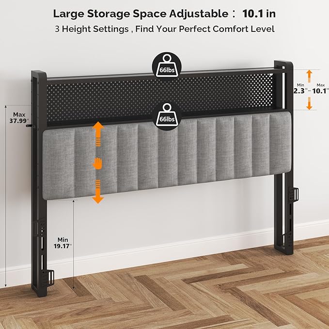 VINGLI King Size Headboard Only, Adjustable Upholstered Headboard with 2 Tier Shelves and Pegboard with Charging Stations and LED Lights, Modern Bed Headboard with Storage for Bedroom Decor