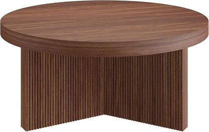 Henn&Hart 32" Fluted Round Low-Profile Coffee Table with Ribbed Pedestal Base Living Room, Family Room, Office, or Apartment, Satin Walnut