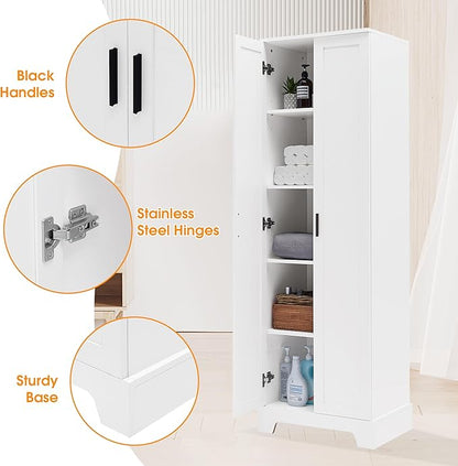 Tall Storage Cabinet, Bathroom Floor Freestanding Storage Cabinet with 2 Doors, 5 Shelves, and Adjustable Shelves for Bathroom, Office, Living Room, White