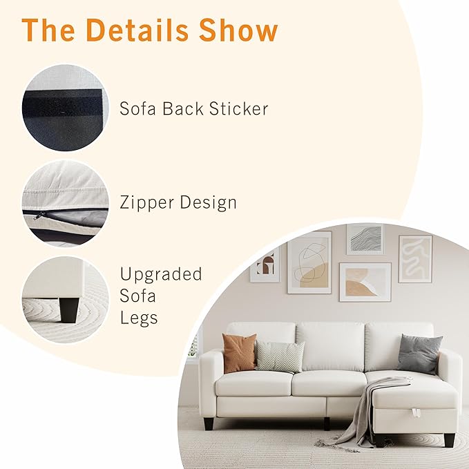 Sectional Sofa and Couches for Living Room, 78'' Beige 3 Seat L-Shaped Couch with Movable Ottoman, Comfy Fabric Convertible Sectionals Sofas with Chaise for Apartment, Office, Small Space