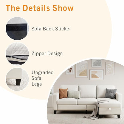 Sectional Sofa and Couches for Living Room, 78'' Beige 3 Seat L-Shaped Couch with Movable Ottoman, Comfy Fabric Convertible Sectionals Sofas with Chaise for Apartment, Office, Small Space
