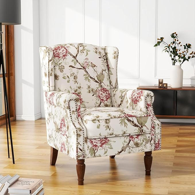 UIXE Floral Accent Chairs Set of 2, High Back Upholstered Armchair Wingback Arm Chair in Fabric for Living Room, Nailhead Trim Single Sofa Bedroom Side Reading Seat with Retro Solid Wood Legs - Beige