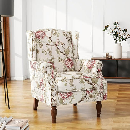 UIXE Floral Accent Chairs Set of 2, High Back Upholstered Armchair Wingback Arm Chair in Fabric for Living Room, Nailhead Trim Single Sofa Bedroom Side Reading Seat with Retro Solid Wood Legs - Beige