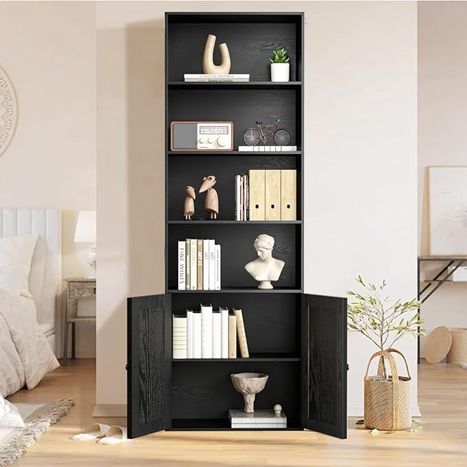 Bookshelf, 6-Tier Floor Bookcase with 2 Bottom Doors, 9.29"x23.62"x70.86", Storage Cabinet Bookshelves for Home Office, Living Room, Bedroom-Black