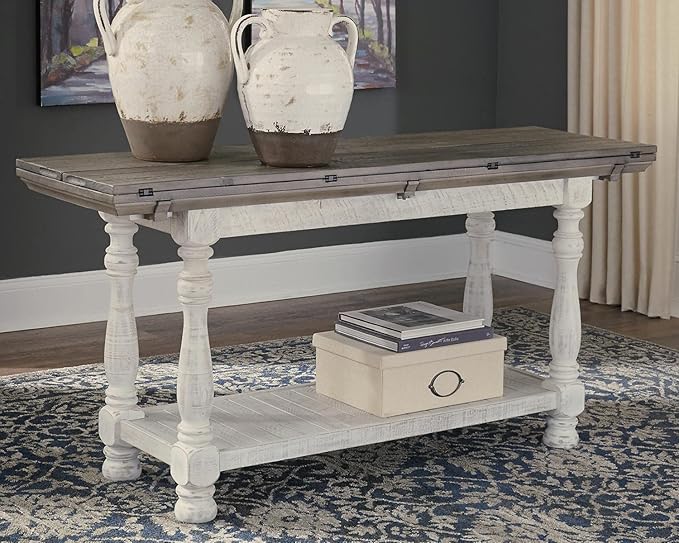 Signature Design by Ashley Havalance Farmhouse Sofa Table, Flip Top Design for Additional Dining Space and Fixed Lower Shelf, Gray & White with Weathered Finish