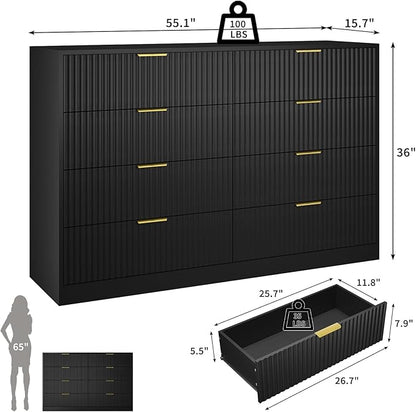 Black Dresser for Bedroom with 8 Drawer, 55” Wide Fluted Double Drawer Dresser Modern Chest of Drawers with Gold Handle, Wood TV Stand for Bedroom, Living Room, Black