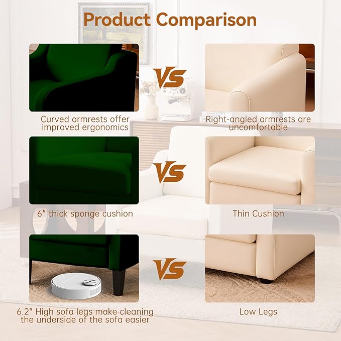 Accent Chair for Living Room, Modern Velvet Living Room Chairs with Wide Backrest, Upholstered Comfy Chair with Cushion, Oversized Sofa Chair with Wood Legs, Single Armchair, Green
