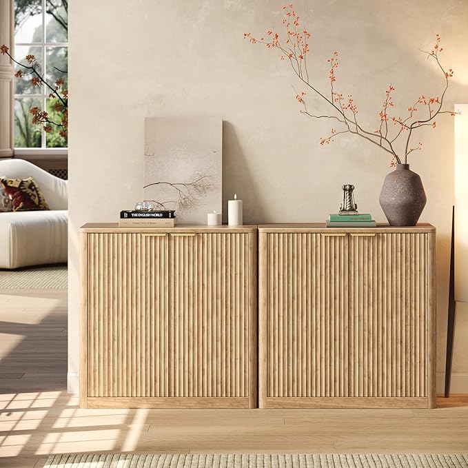 Evermagin 63" Oak Buffet Cabinet with Storage, Large Sideboard Cabinet, Boho Accent Credenza, Fluted Console Table with Doors for Dining Room, Kitchen, and Living Room