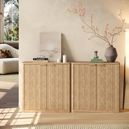 Evermagin 63" Oak Buffet Cabinet with Storage, Large Sideboard Cabinet, Boho Accent Credenza, Fluted Console Table with Doors for Dining Room, Kitchen, and Living Room