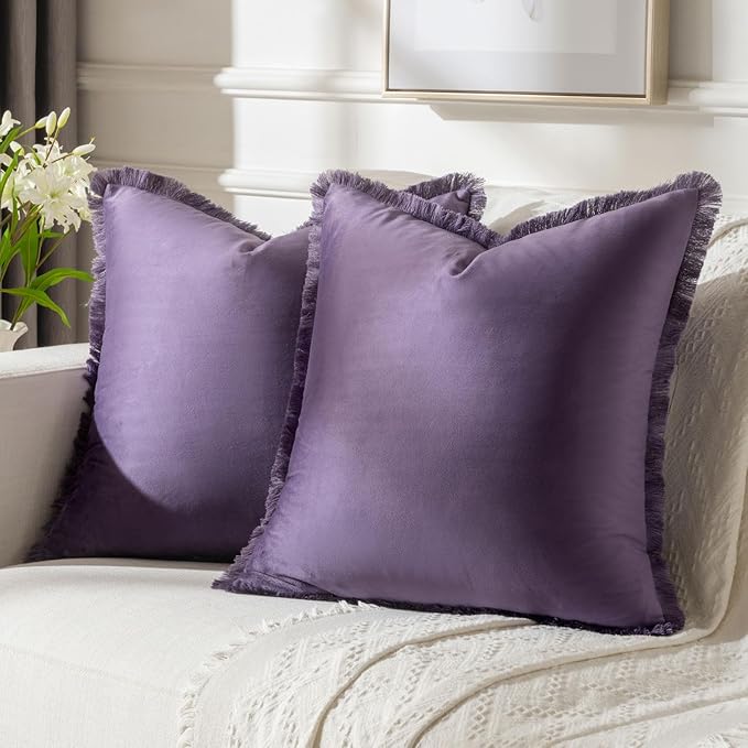 FUTEI Eggplant Purple Velvet Decorative Throw Pillow Covers 20x20 Set of 2,Soft Cozy Edge with Tassels Cushion Case,Boho Modern Home Decor for Couch Bed Living Room