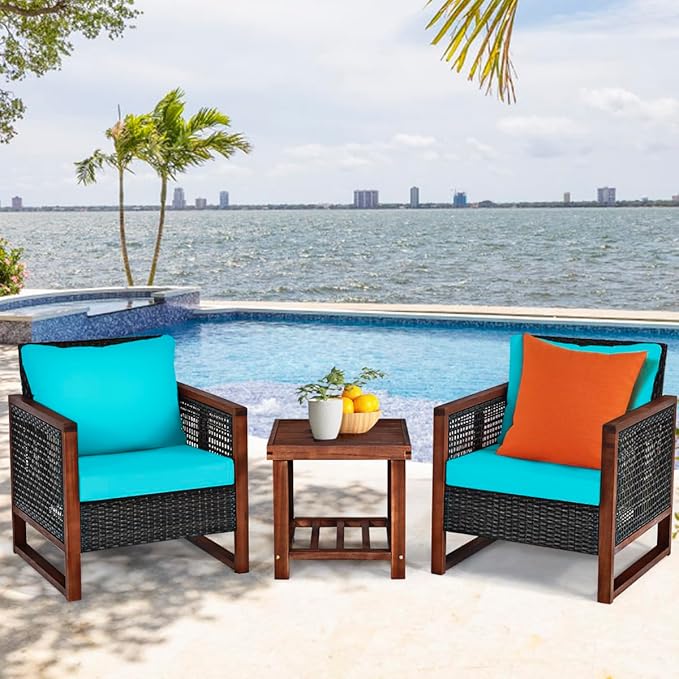 COSTWAY 3 Pieces Wicker Patio Furniture Set, Outdoor Wicker Sofa with Acacia Wood Frame, Coffee Table & Washable Cushions, Rattan Conversation Sets for Yard, Porch, Bistro Balcony Backyard, Turquoise