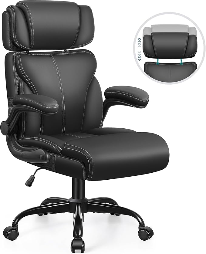Office Chair, Ergonomic Big and Tall Computer Desk Chair with Retractable Adjustable Headrest, Executive Breathable Leather Chair, Lumbar Support Swivel PC Chair with Flip-up Armrests Rocking Function