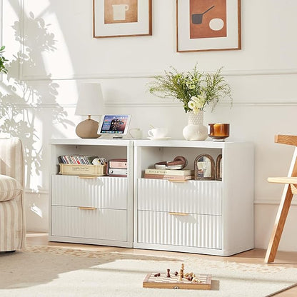 LEYAOYAO Fluted Nightstand with Charging Station, 23" Wide 2 Drawers End Table,White Night Stand with Open Storage Cabinet, Farmhouse Bed Side Tables, Wood Dresser for Bedroom, Living Room, Closet