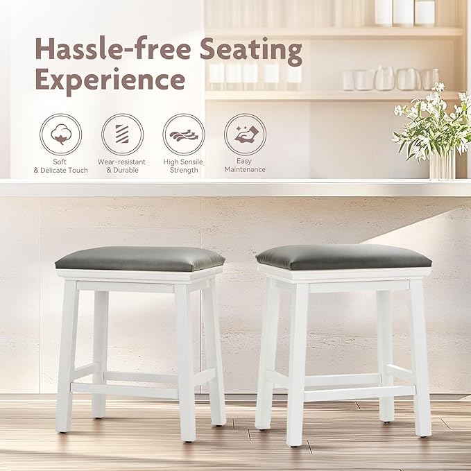 ALPHA HOME 24 Inch Counter Height Bar Stools Set of 2, Modern Design, Upgraded Faux Leather Upholstery, Sturdy Wood Legs - Ideal for Kitchen Islands, Black