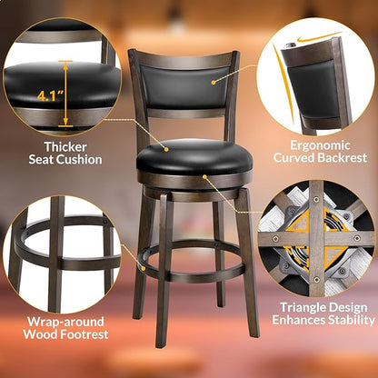 PrimeZone Swivel Bar Stools Set of 8, 24 Inch Counter Height Barstools, Black Faux Leather Bar Stool with High Backrest & Solid Wood Legs & Wrap-around Footrest, Counter Stools for Kitchen Island, Pub