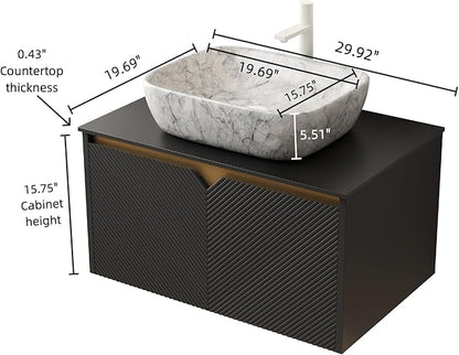 30 Inch Bathroom Vanity with Sink, Floating Fluted Vanity with Vessel Sink, Modern Bathroom Vanity Cabinet with 2 Doors, Marble Pattern Ceramic Sink & Sintered Stone Top, Black