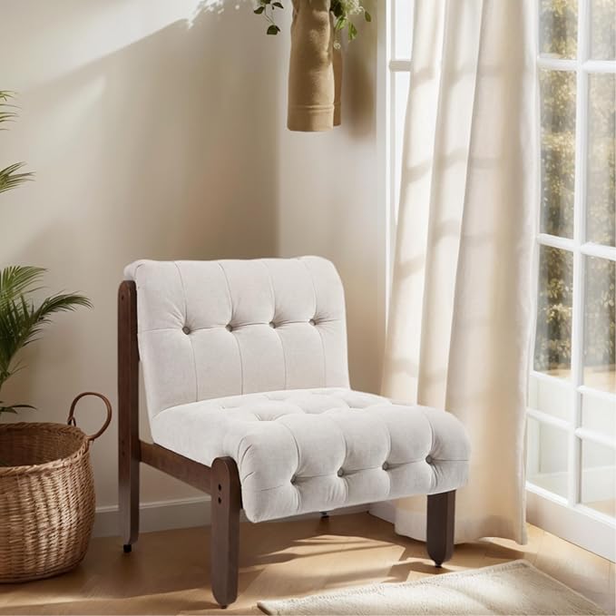 HEAH-YO Accent Chair Set of 1,Modern Vintage Living Room Chair for Bedroom with Button Tufted Back and Wood Legs,Upholstered Comfy Reading Chair for Makeup Vanity Cafe,Chenille Beige