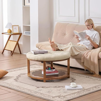 VEVOR Large Round Ottoman Coffee Table, 31.9 Inch Tufted Coffee Table with Solid Wood Shelf Storage, Linen Solid Upholstered Footrest Ottoman for Bedroom Living Room, 350 LBS, Linen Color