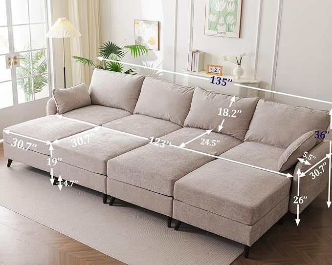 135'' Modular Sectional Sofa with All Seats Storage, Oversized Sleeper Sofa Bed for Living Room,4-Seater Comfy Cloud Couches with Movable Ottoman,Big Sectional for Bedroom,Velet,Khaki