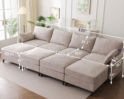 135'' Modular Sectional Sofa with All Seats Storage, Oversized Sleeper Sofa Bed for Living Room,4-Seater Comfy Cloud Couches with Movable Ottoman,Big Sectional for Bedroom,Velet,Khaki