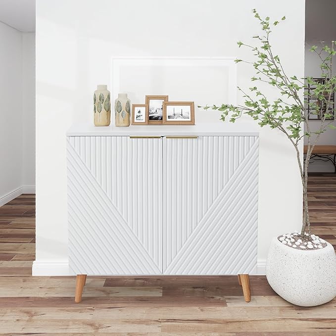 Fluted Storage Cabinet with Doors Set of 3, Wooden Sideboard Buffet Cabinet with Adjustable Shelves, Modern Accent Table for Living Room, Entryway, White