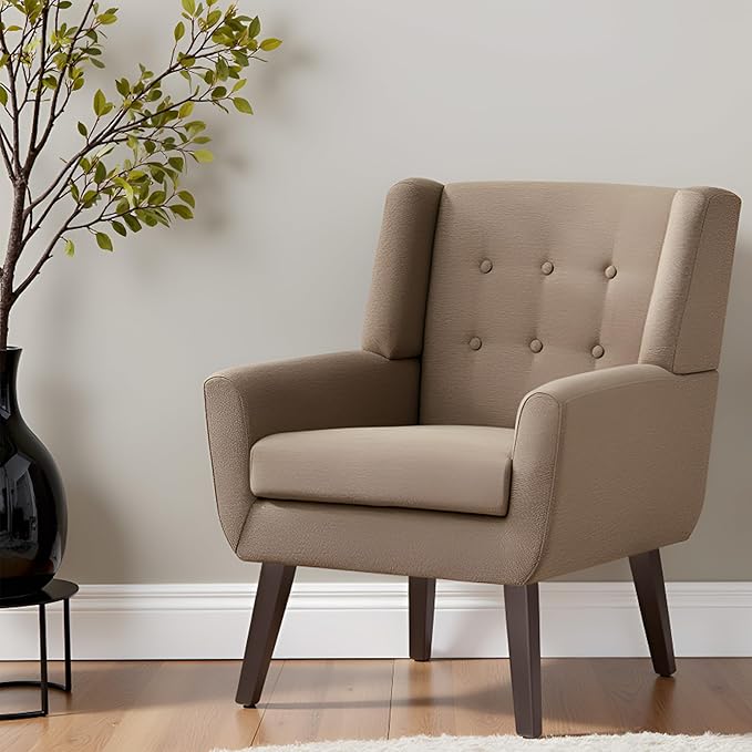 HUIMO Accent Chairs for Living Room,Linen Button-Tufted Upholstered Armchair with Wooden Legs,Comfy Mid Century Modern Chair for Bedroom Apartment Waiting Room Brown