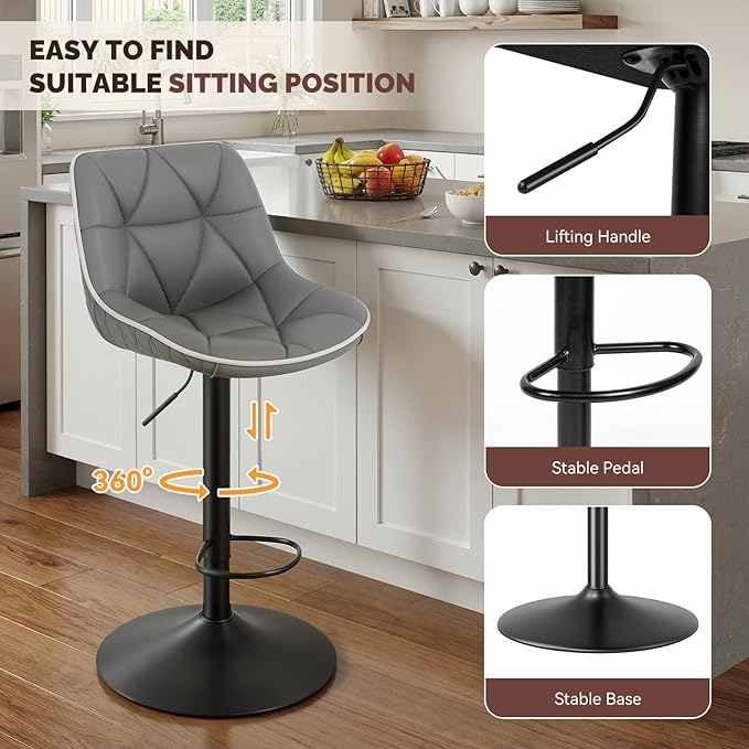Nalupatio Bar Stools Set of 2, Adjustable Swivel Counter Height Bar Stools with Back, Armless Modern Barstools for Kitchen Island & Home Bar, Upholstered Seat,（Grey）