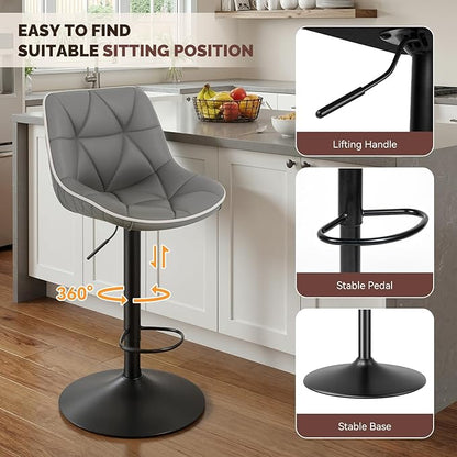 Nalupatio Bar Stools Set of 2, Adjustable Swivel Counter Height Bar Stools with Back, Armless Modern Barstools for Kitchen Island & Home Bar, Upholstered Seat,（Grey）