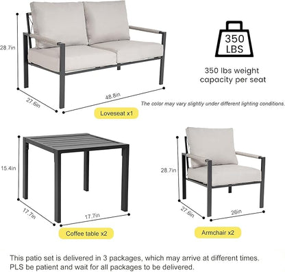 Sundale Outdoor 5 Pieces Patio Furniture Set, All-Weather Metal Outdoor Conversation Set with 6 Inch Cushions and Coffee Tables, Outdoor Furniture Set for Backyard, Balcony, Poolside, Light Grey
