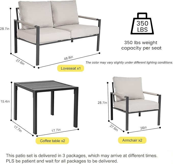 Metal Patio Furniture Set with 51inch Grey Fire Pit Table, 6-Piece Modern Outdoor Conversation Set with 6-Inch Thick Cushions, Outdoor Furniture Set for Garden, Backyard, Balcony, Poolside (Warm Grey)