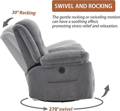 Power Swivel Rocker Recliner with Massage and Heat, USB Port, Infinite Position, Oversized Electric Glider Rocking Chairs Living Room, Soft Fabric Reclining Sofa Chair(Misty Gray)