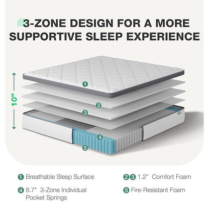 Novilla Twin Mattress for Kids, 10 Inch Twin Mattress Hybrid with Individually Pocket Innerspring, Pressure Relief & Motion Isolation, Medium Firm Feel