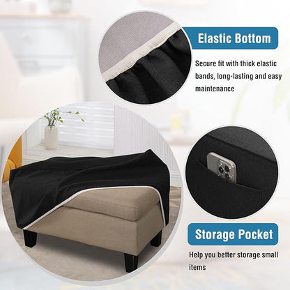 H.VERSAILTEX Ottoman Cover Rectangle Fit Length 49"-50" Footrest Linen Look Ottoman Slipcovers Thick Ottoman Covers Slipcover Rectangle Slipcovers for Ottomans Sturdy Foot Stool Cover - Heather Black