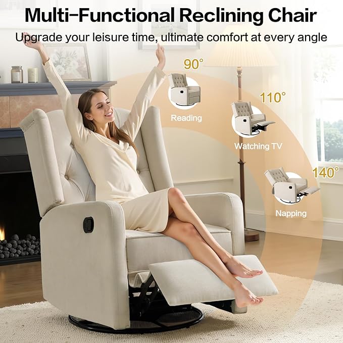 ABAKAN Swivel Rocker Recliner Chair, 360 Degree Nursery Rocking Recliner, Linen Glider Chair with Button Tufted Wingback Chair, for Living Room, Bedroom,Ash Beige