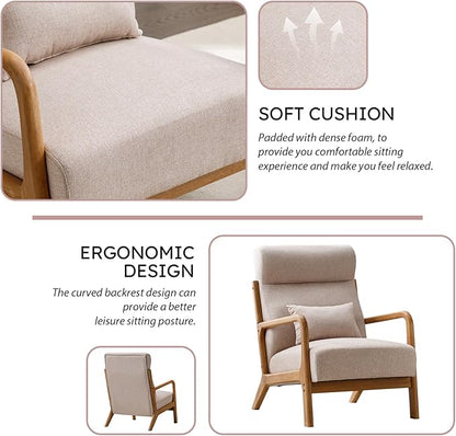 Accent Chair Mid Century Modern Chair Linen Fabric Living Room Chairs with Solid Wood Frame Comfy Upholstered and Lumbar Pillow Reading Side Chair Easy Assembly for Bedroom (2, Beige)