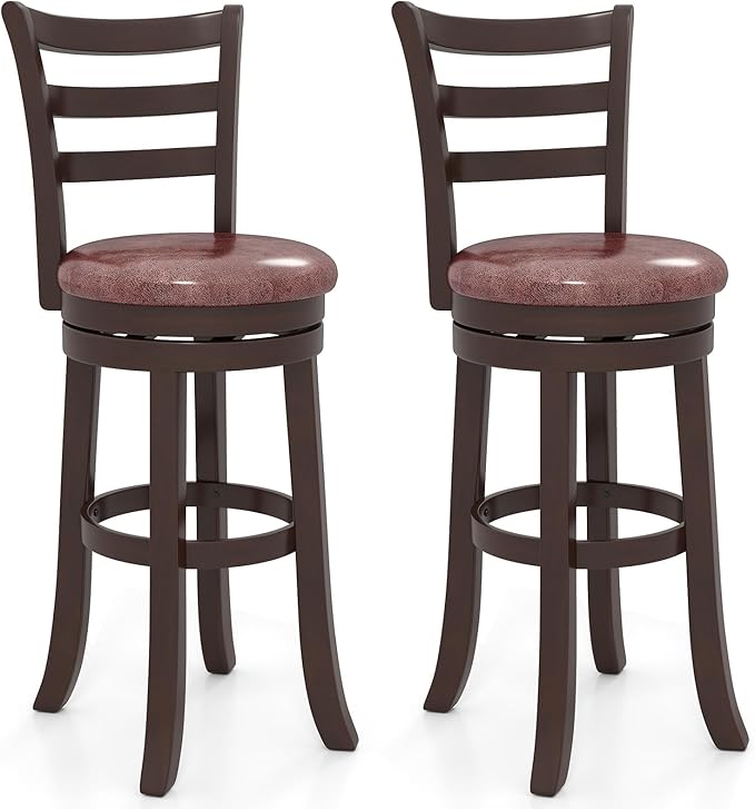 COSTWAY 30” Bar Height Stools Set of 2, Swivel l High-Top Chairs with Backrest & Faux Leather Padded Seat, Rubber Wood Barstools with Footrest for Kitchen, Dining Room, Pub (2,30'')