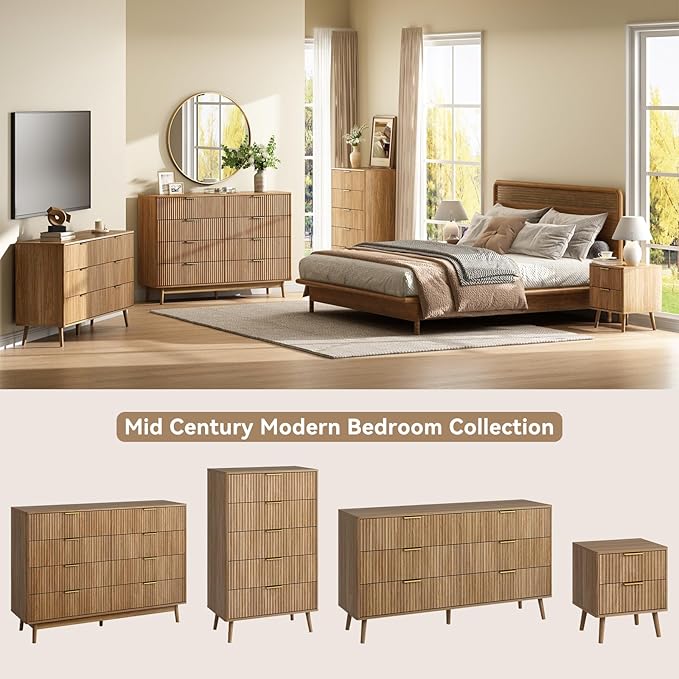 CARPETNAL Fluted 6 Drawer Dresser for Bedroom, 55" Wide Wooden Chest of Drawers with Rounded Corners, Gold Handles, Modern Storage Organizer for Bedroom, Hallway(Walnut)