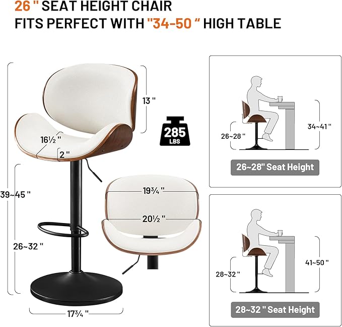 Furniliving Bar Stools Set of 4, Adjustable Height Swivel Bentwood Barstools, Upholstered Bar Chairs with Footrest, Ergonomic Modern Bar Stools for Dining Room, Kitchen, Bar, White, PU