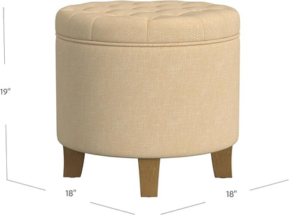 HomePop by Kinfine Fabric Upholstered Round Storage Ottoman - Button Tufted Ottoman with Removable Lid, Light Tan Textured Solid