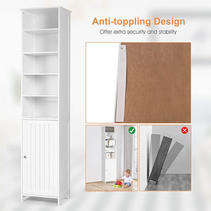 COSTWAY Bathroom Storage Cabinet, Freestanding Floor Cabinet with 3-Level Adjustable Shelves, Convenient Door & Knob, Narrow Tall Cabinet Organizer for Bathroom, Living Room, Kitchen (White)