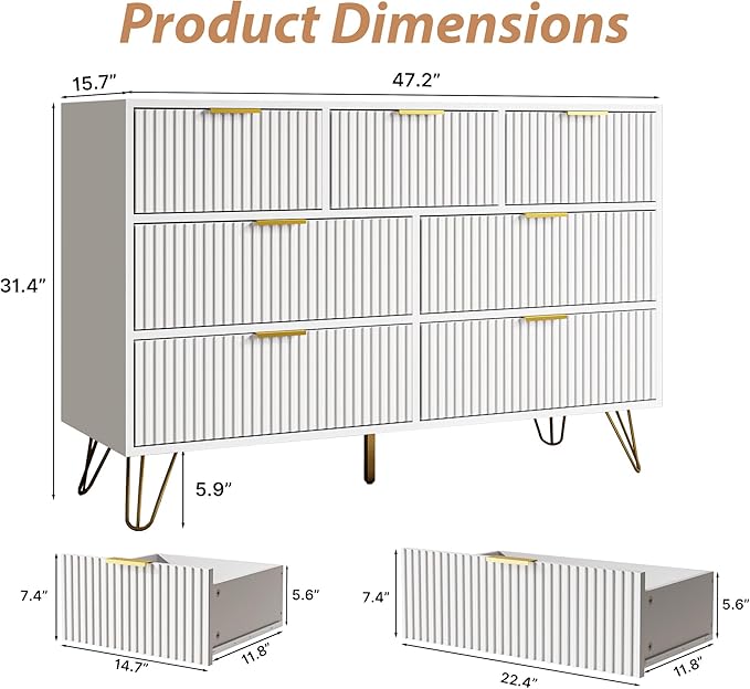 White Dresser for Bedroom, 7 Drawer Dresser with Gold Pulls, Wide Chest of Drawers for Bedroom, Entryway, 47.2" L x 15.7" D x 31.4" H