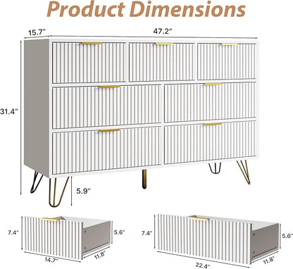White Dresser for Bedroom, 7 Drawer Dresser with Gold Pulls, Wide Chest of Drawers for Bedroom, Entryway, 47.2" L x 15.7" D x 31.4" H