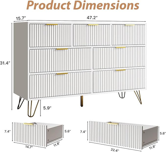 White Dresser for Bedroom, 7 Drawer Dresser with Gold Pulls, Wide Chest of Drawers for Bedroom, Entryway, 47.2" L x 15.7" D x 31.4" H