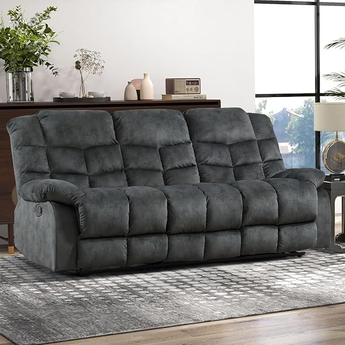 CANMOV Manual Reclining Sofa, 3 Seat Recliner Sofa with Armrest and Overstuffed Backrest, Couch Set for Living Room, Bedroom, Office, Grey