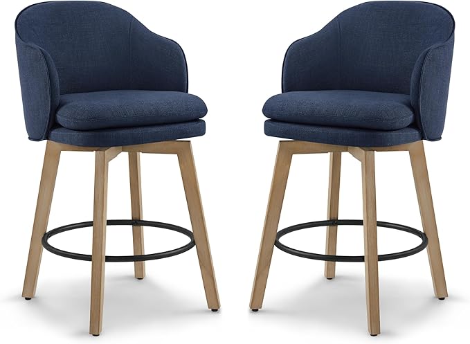 Counter Height Barstools 26 inch Upholstered Swivel Bar Stools with Back and Wood Legs for Kitchen Island,Set of 2,Blue Fabric
